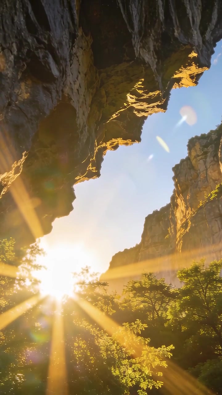 Vertical video: Tilting camera as sun shifting, revealing sunburst and lens flares in narrow canyon