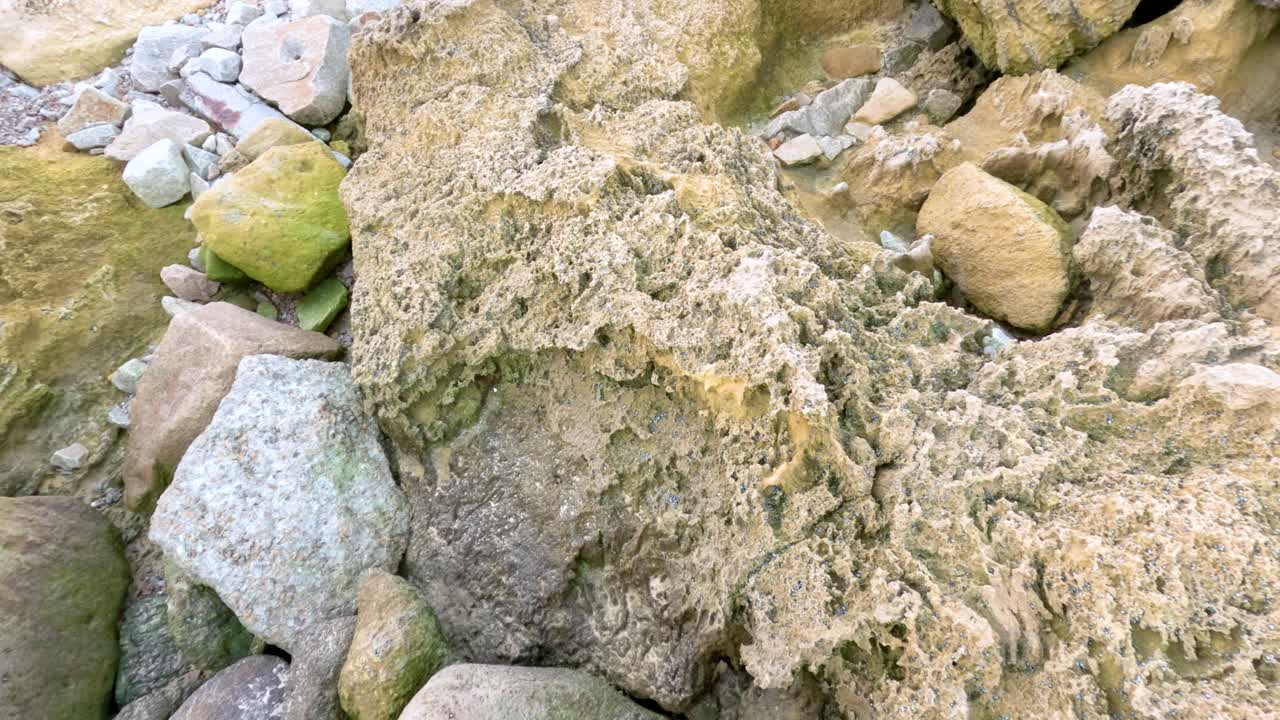 A rocky shoreline with algae-covered stones and debris, captured in natural daylight, showcasing erosion and coastal textures