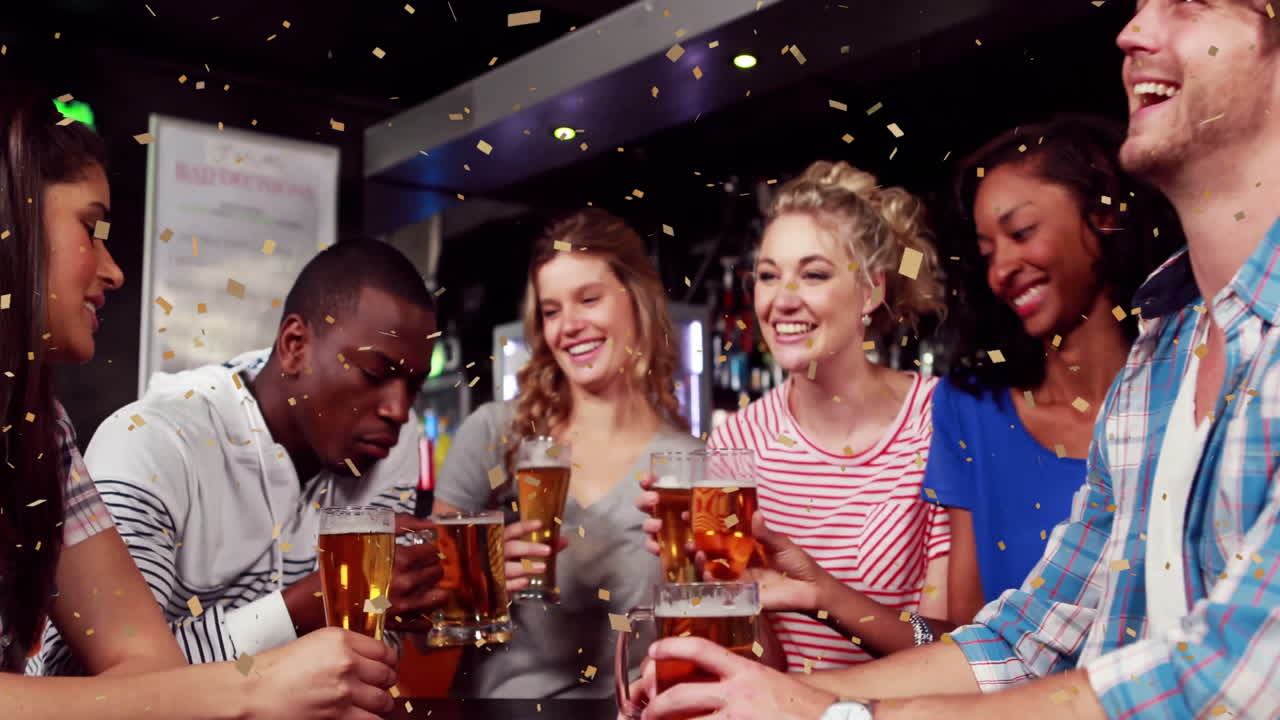 Animazione di coriandoli su amici che si godono un drink al bar