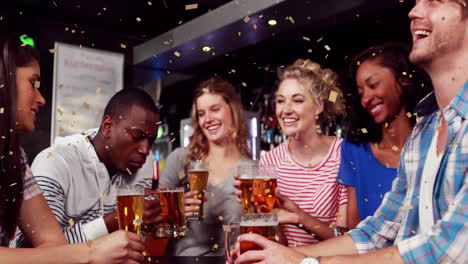 animación de confeti sobre amigos disfrutando de bebidas en el bar