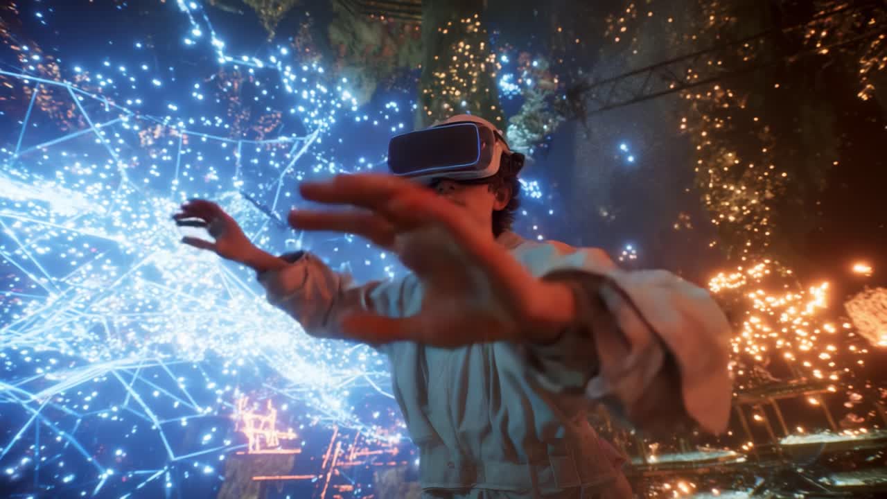 Immersive Virtual Reality Experience: A User Engages with Dazzling Digital Environments and Vivid Visuals, Exploring New Realms of Interactive Technology and Imagination