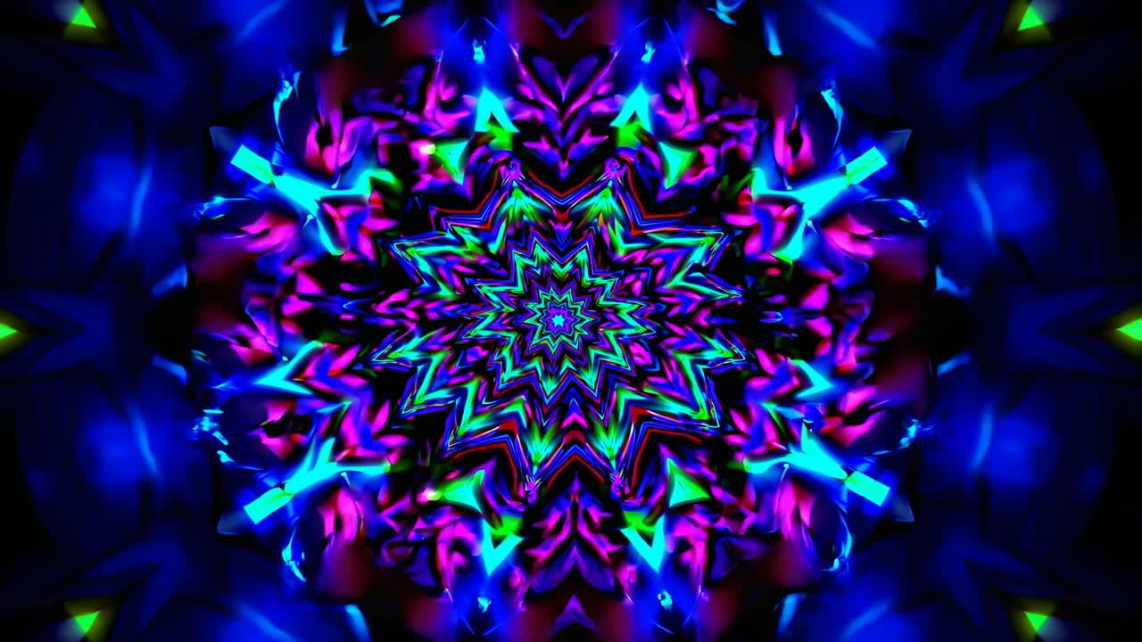 A vibrant kaleidoscope pattern with neon colors, captured from a top-down angle