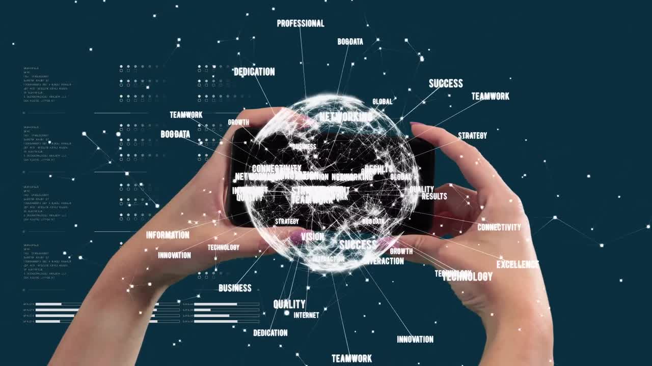 스마트 폰을 들고 있는 사람 위에 비즈니스 텍스트와 연결된 네트워크의 전지구의 애니메이션