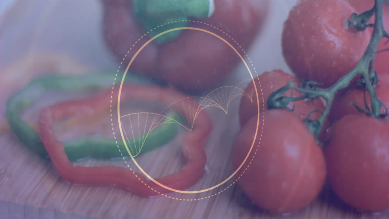 Fresh tomatoes and sliced peppers on cutting board with circular animation overlay