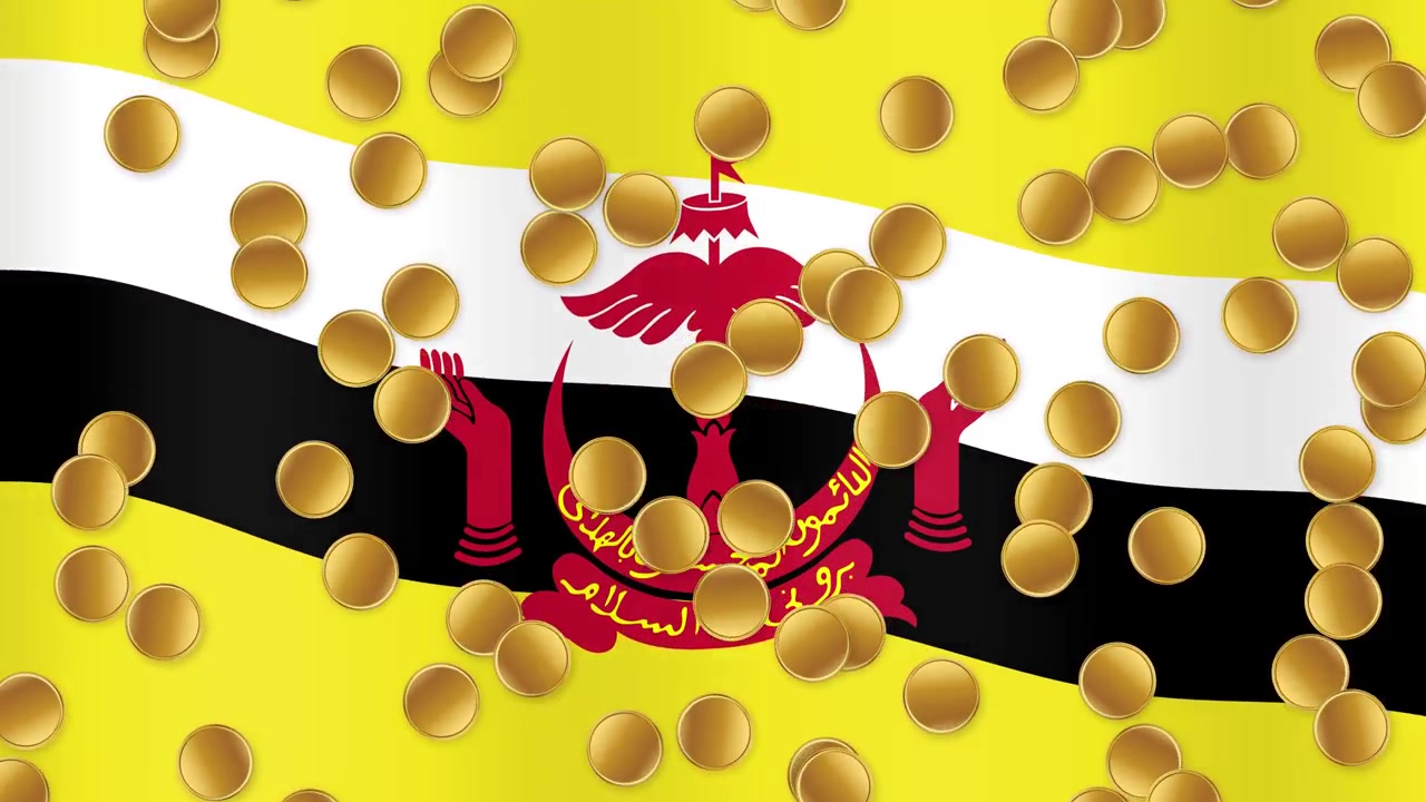 Yumuşak stüdyo aydınlatmasıyla dalgalanan Brunei bayrağı arka planına karşı yağan altın paralar.