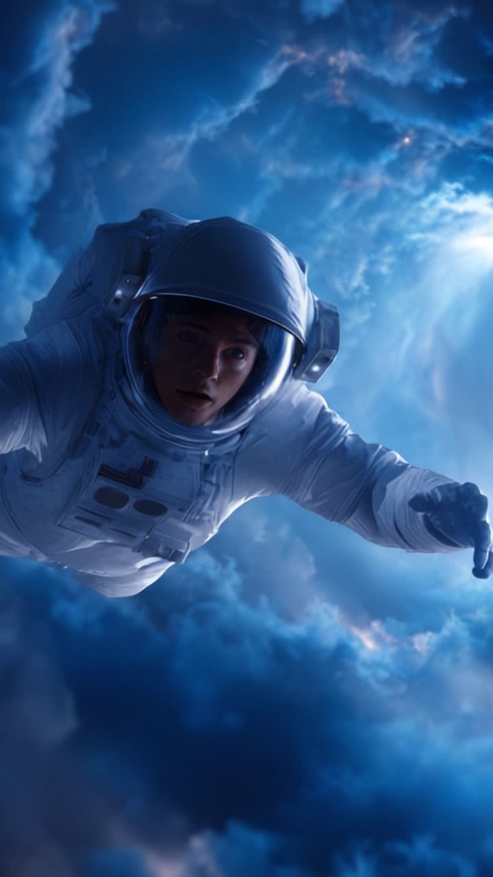 An astronaut floats through a cosmic landscape, gazing intently as they navigate the vastness of space, surrounded by stunning clouds and celestial phenomena