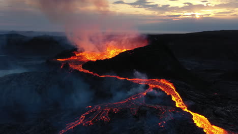 aerial view of a lava flow from a volcano
