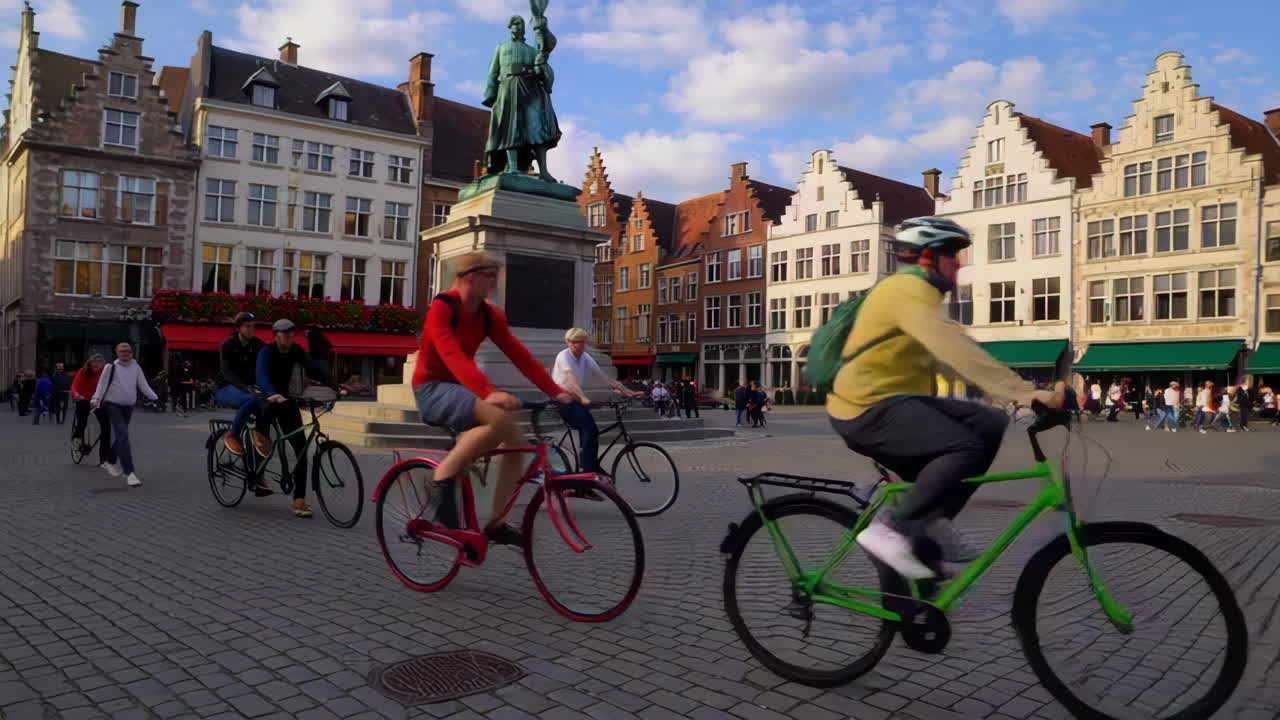 People cycling in a European city square