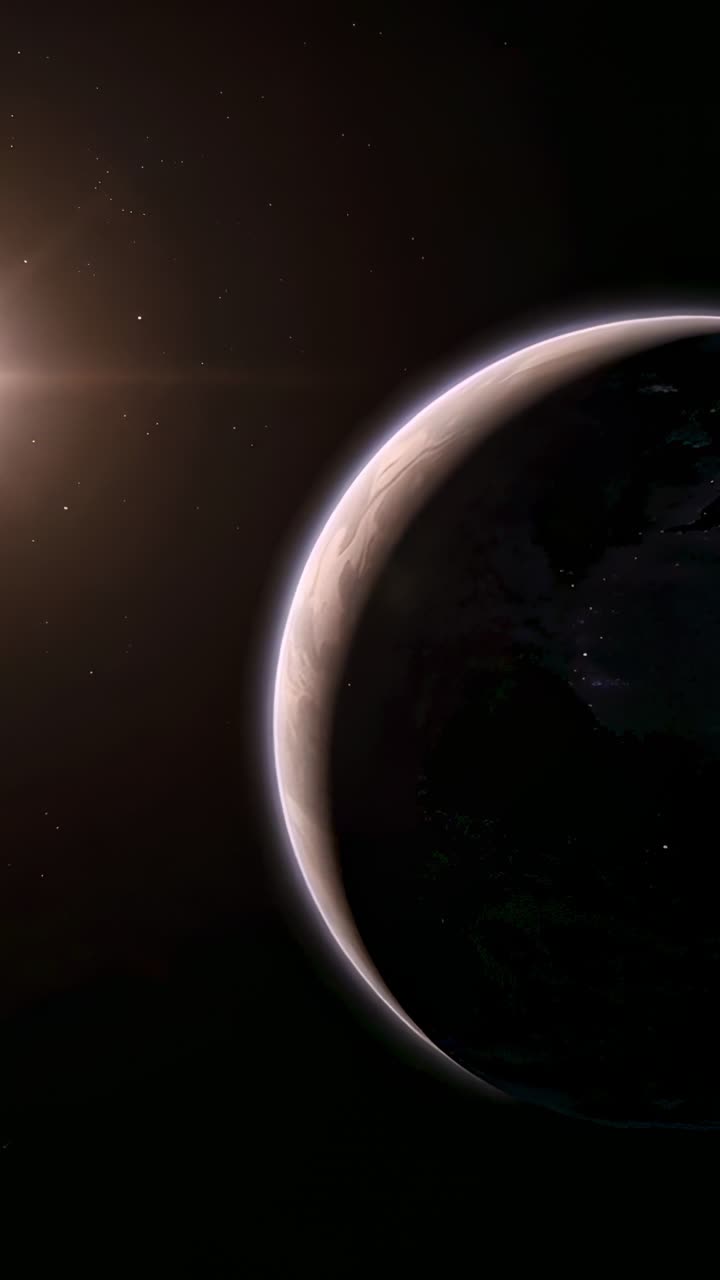 Vertical video: Rotating crescent planet shifting limb in space while sun lighting rim, stars