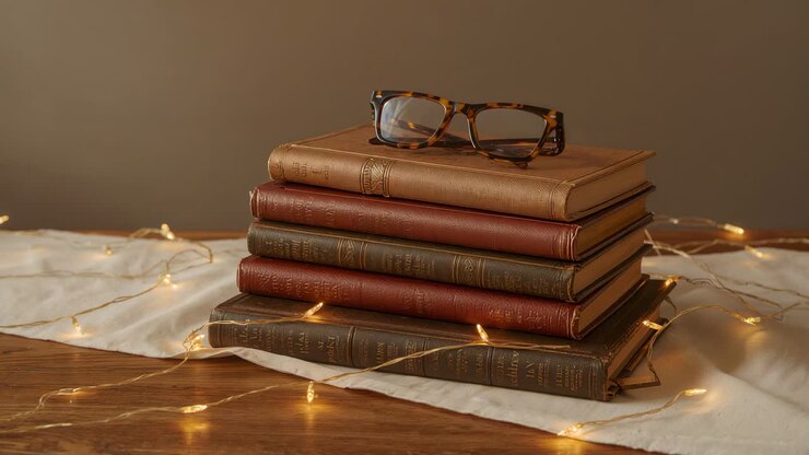 Messa a fuoco variabile della fotocamera che mostra libri vintage su un tavolo di legno con occhiali e luci che creano un'atmosfera calda.