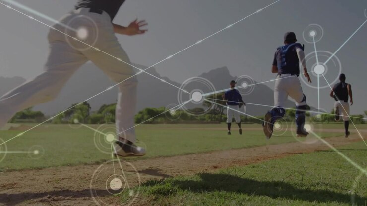 Giocatori di baseball che scattano lungo la linea di base per un'esercitazione, con nodi e collegamenti animati che iniziano a intersecare le gambe.