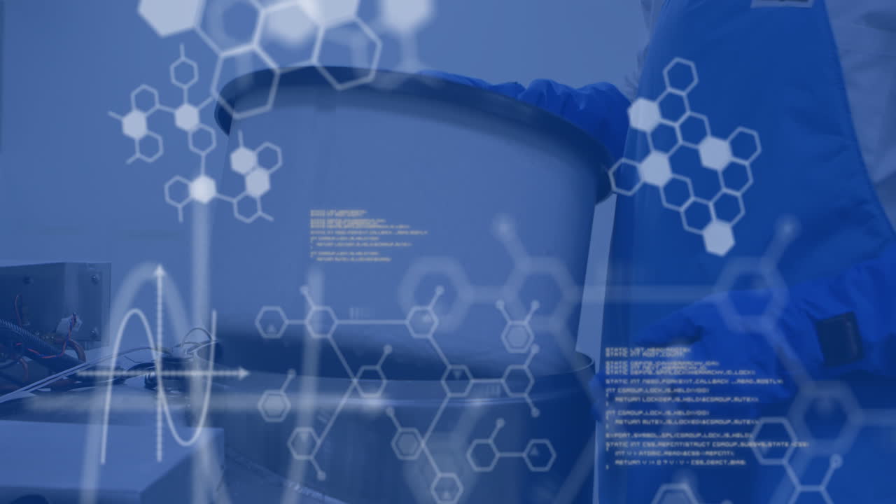 In lab, scientist in coat working with equipment and molecular animation overlay
