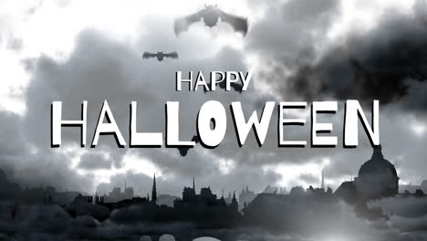 feliz texto de halloween sobre cielo oscuro y nublado y animación del horizonte de la ciudad