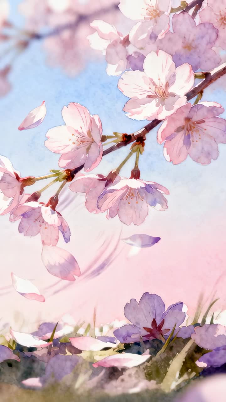 Vertical video: Breeze nudging cherry branch drifting petals over grass settling near purple blooms