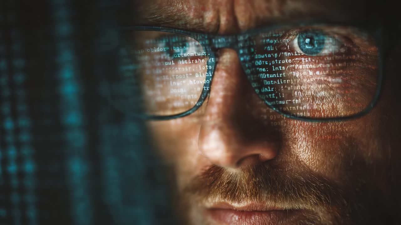 Intens fokus på digitale data: Et nærbillede af en person, der analyserer kode med briller, hvilket viser en blanding af nysgerrighed og koncentration i et teknologisk miljø