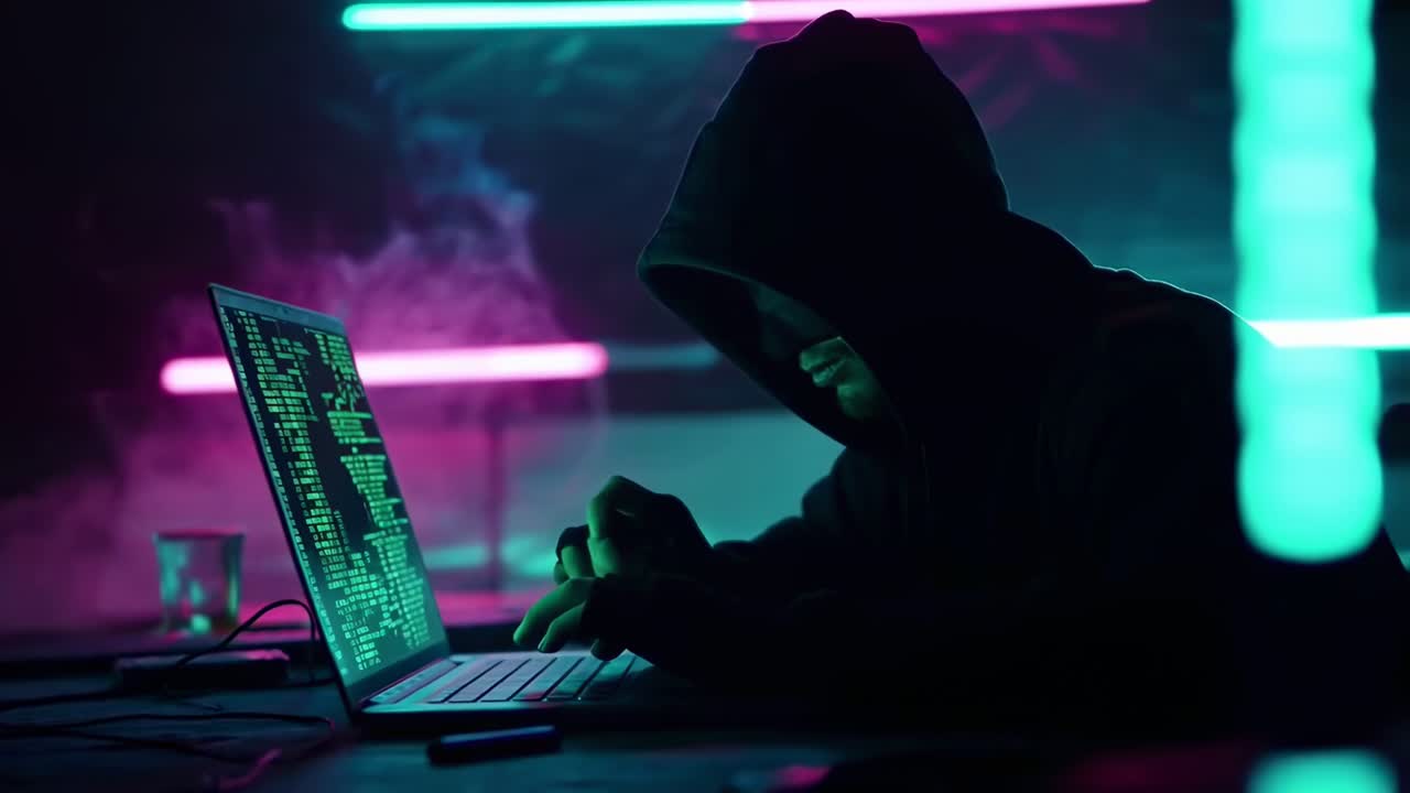 Hacker i et mørkt rum med neonlys, set fra siden