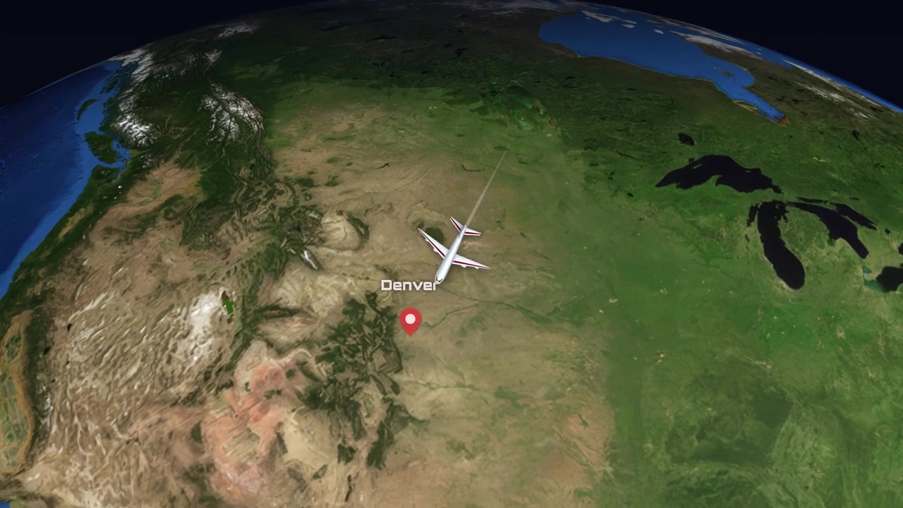 En satellitvisningsanimation sporer et kommercielt fly, der flyver fra Dubai over hele kloden til Denver.