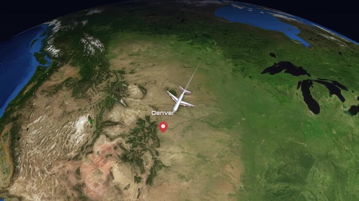 En satellitvisningsanimation sporer et kommercielt fly, der flyver fra Dubai over hele kloden til Denver.