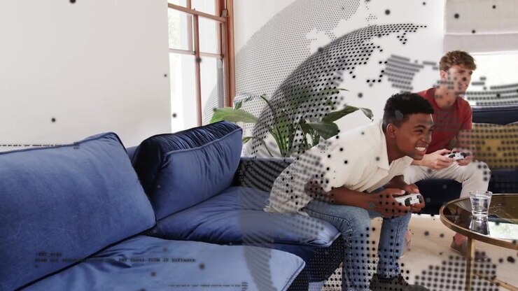 Two friends gaming on couch, dot globe overlay reacting to controller inputs, competing for fun