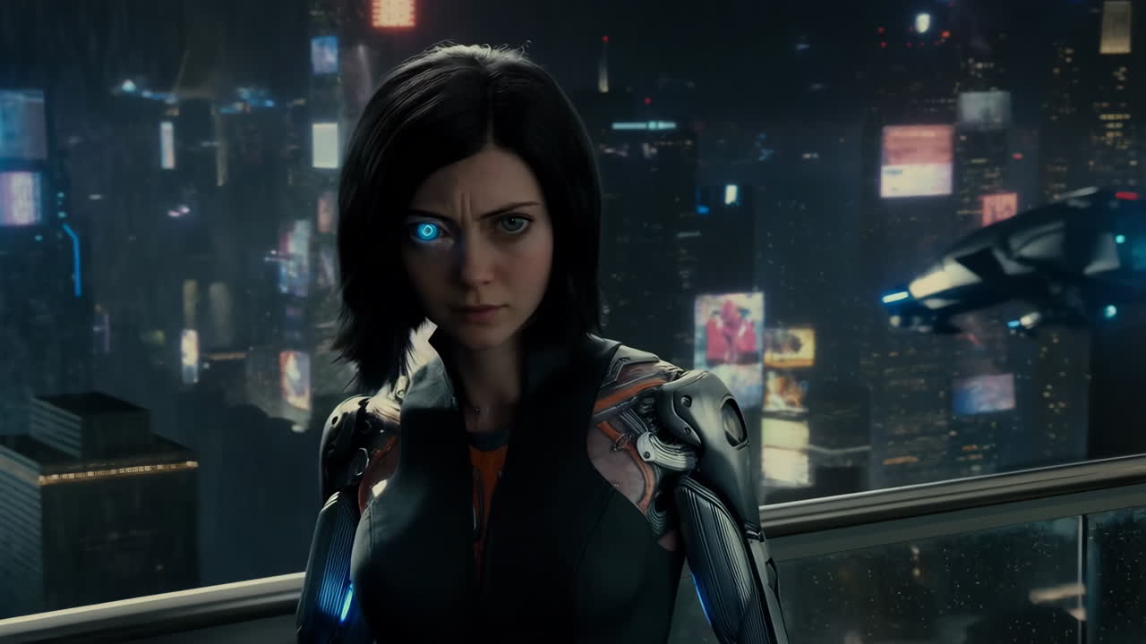 Cyborg Character in a Futuristic City at Night