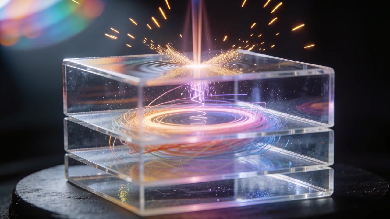 Lowering nozzle sending spiral beam into stacked plates, forming filament ring testing response