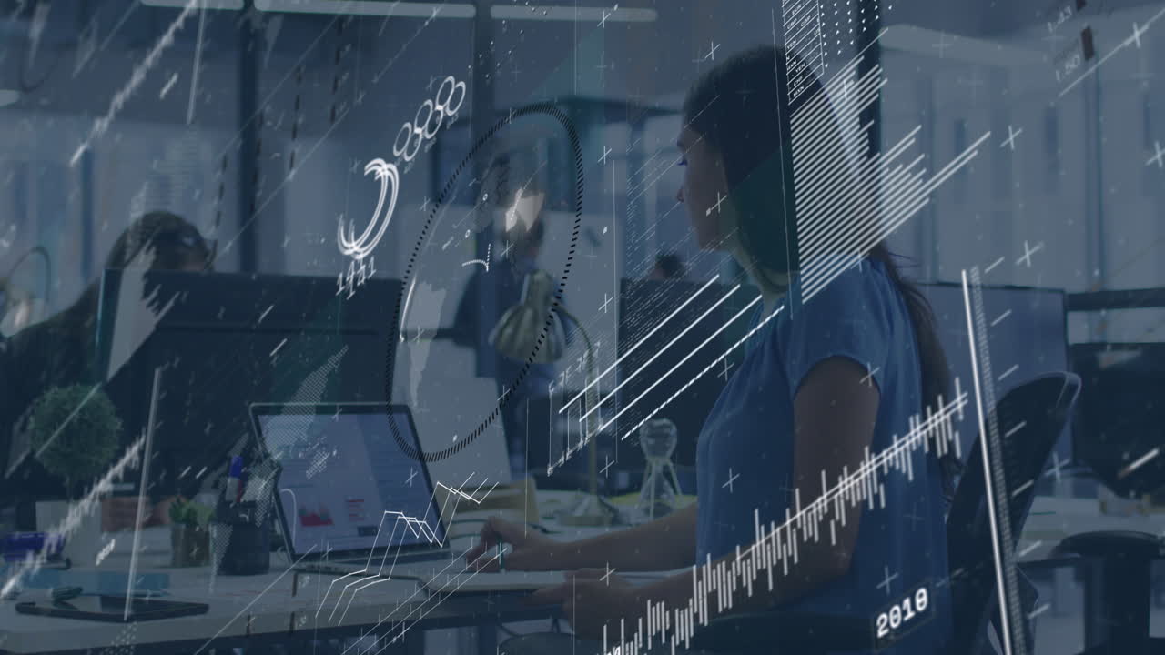 Animation of data processing over diverse business people in office
