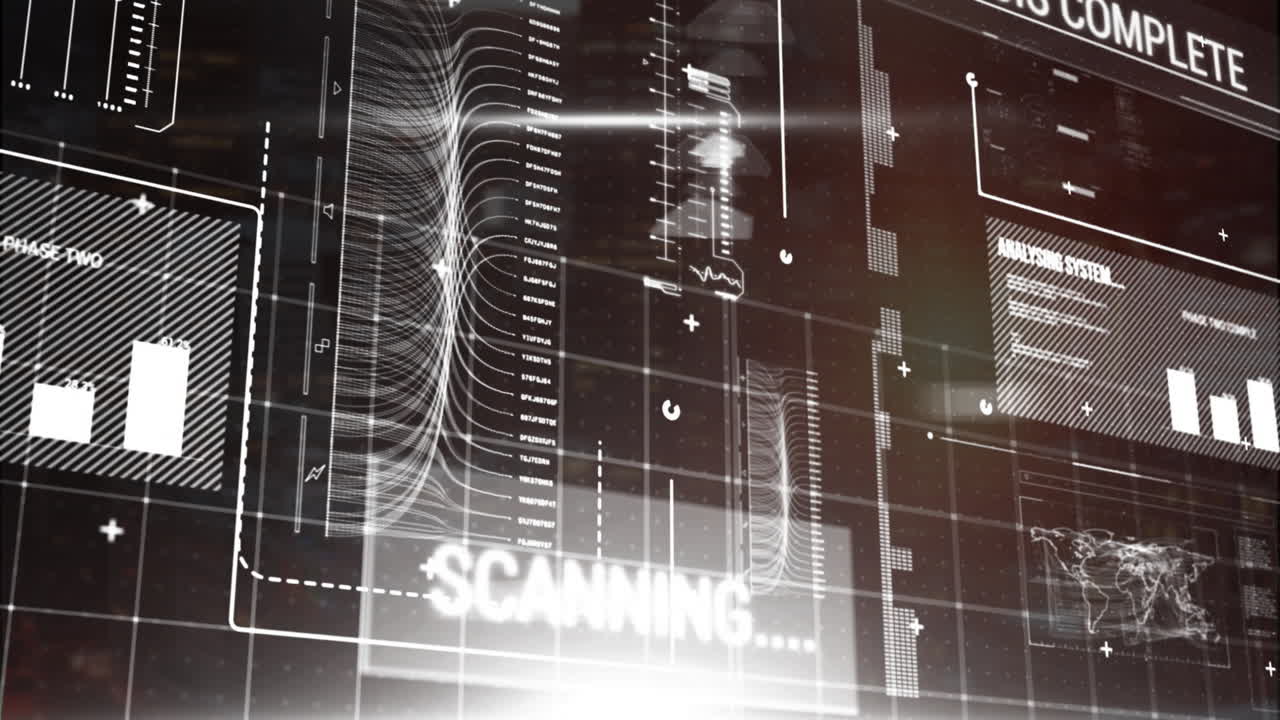 animación del procesamiento de datos y diagramas sobre fondo negro
