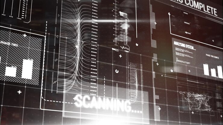 Animation of data processing and diagrams over black background