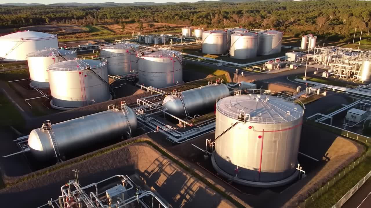 Aerial View of Industrial Oil Storage Tanks Surrounded by Lush Greenery, Highlighting the Modern Infrastructure and Complex Pipelines Connecting Facilities