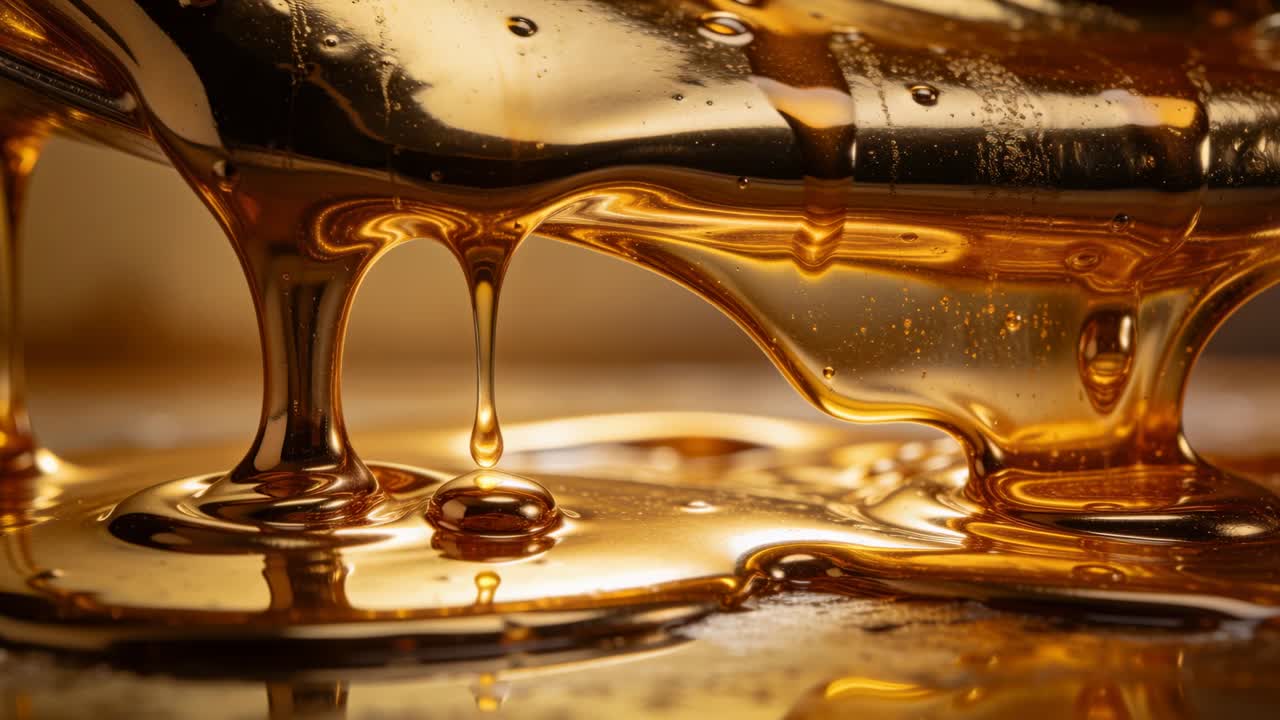 Liquido ambrato che si allontana dal bordo, formando filamenti e goccioline su una base lucida per la fotografia alimentare.