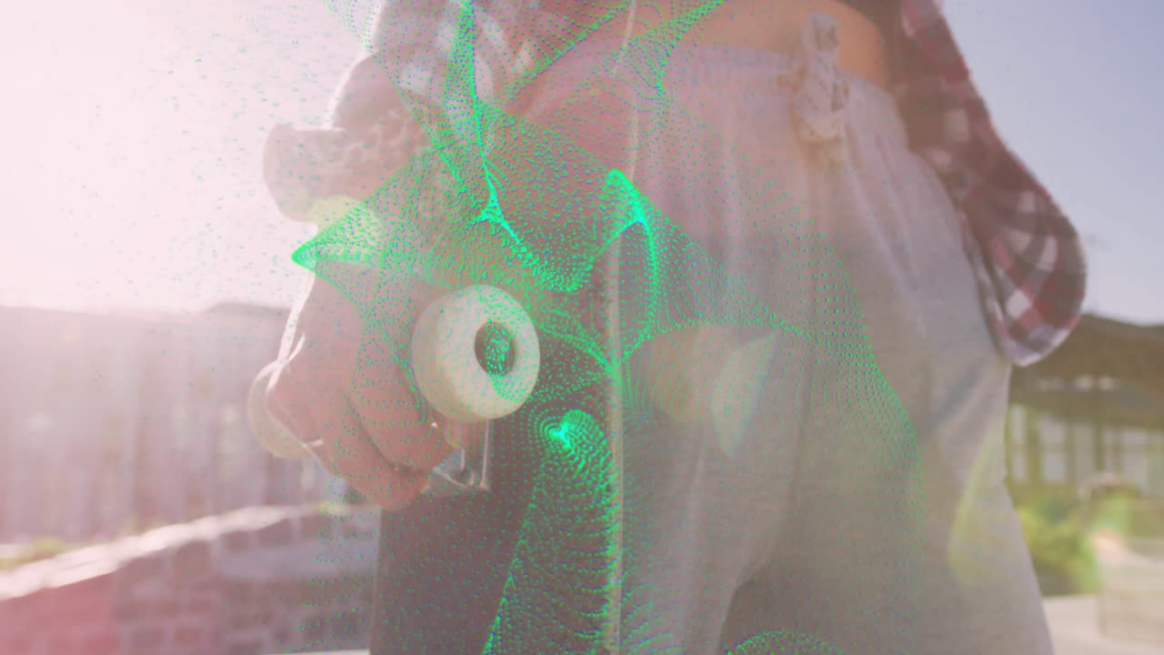 Female skater holding skateboard outdoors, displaying animated marketing icons and data graph