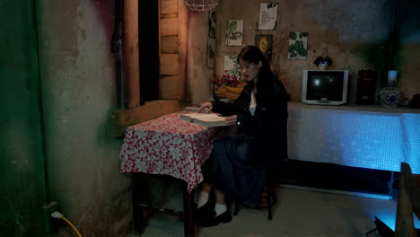 Asian-girl-reading-book-at-the-table,-static-wide