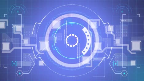 animation of scope scanning and data processing with digital icons over blue background