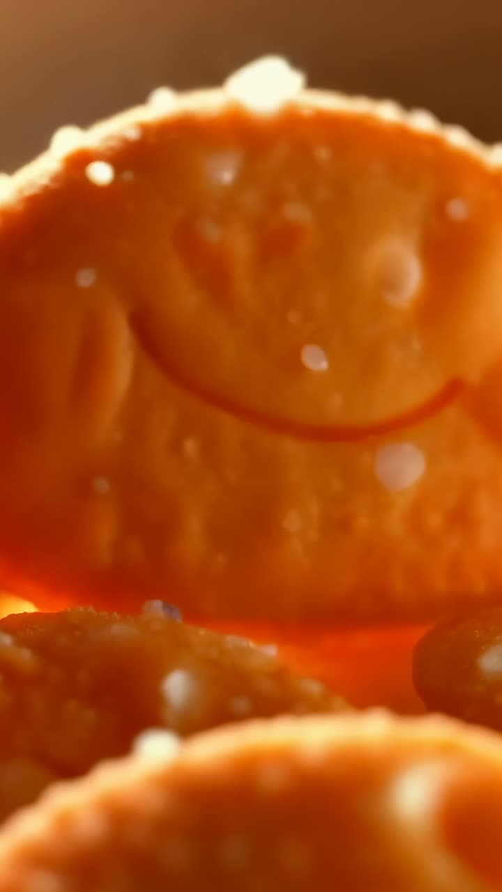 Video verticale: ricomposizione della camera che rivela una pila di cracker arancioni in studio che mostra i fori di sale