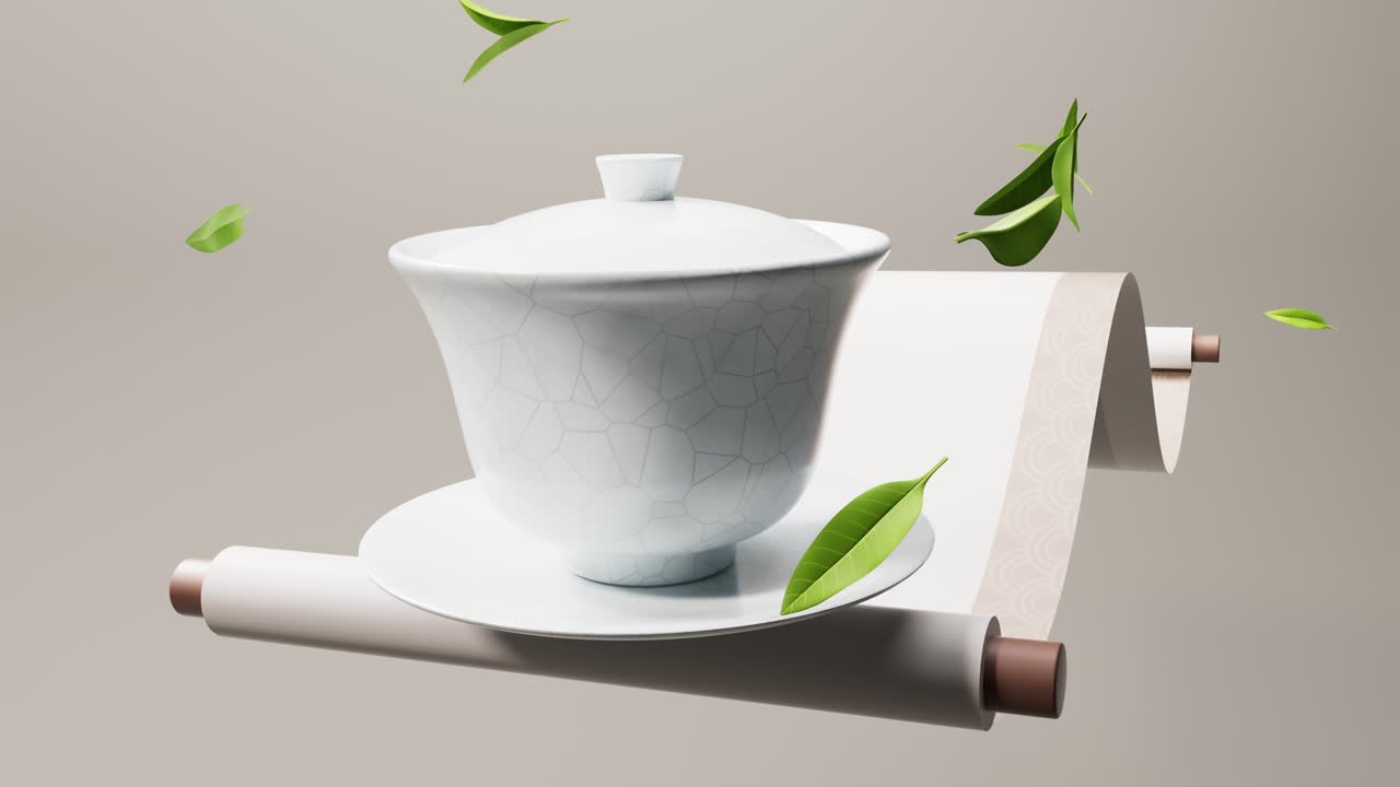 중국의 고대 차 비와 차 잔과 차 잎, 3d 렌더링