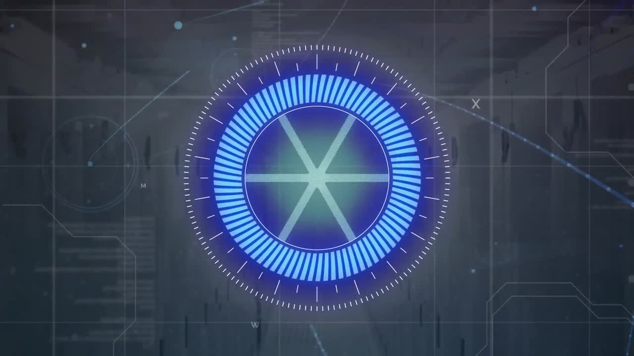 Animation of neon round scanner and data processing against computer server room