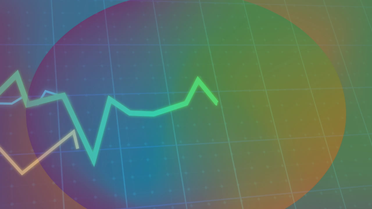 Animation showing colorful line graph with fluctuating data on gradient background