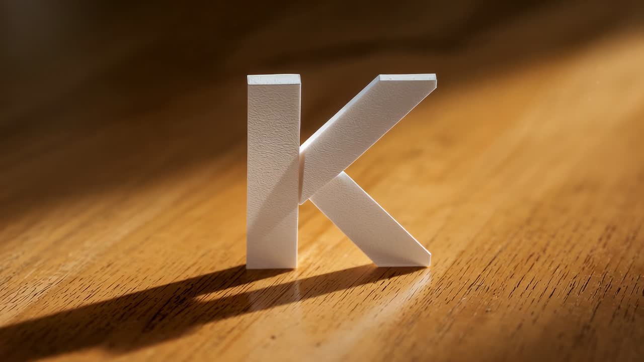 Shifting ambient light causing shadow variations on wooden tabletop, with white letter K center