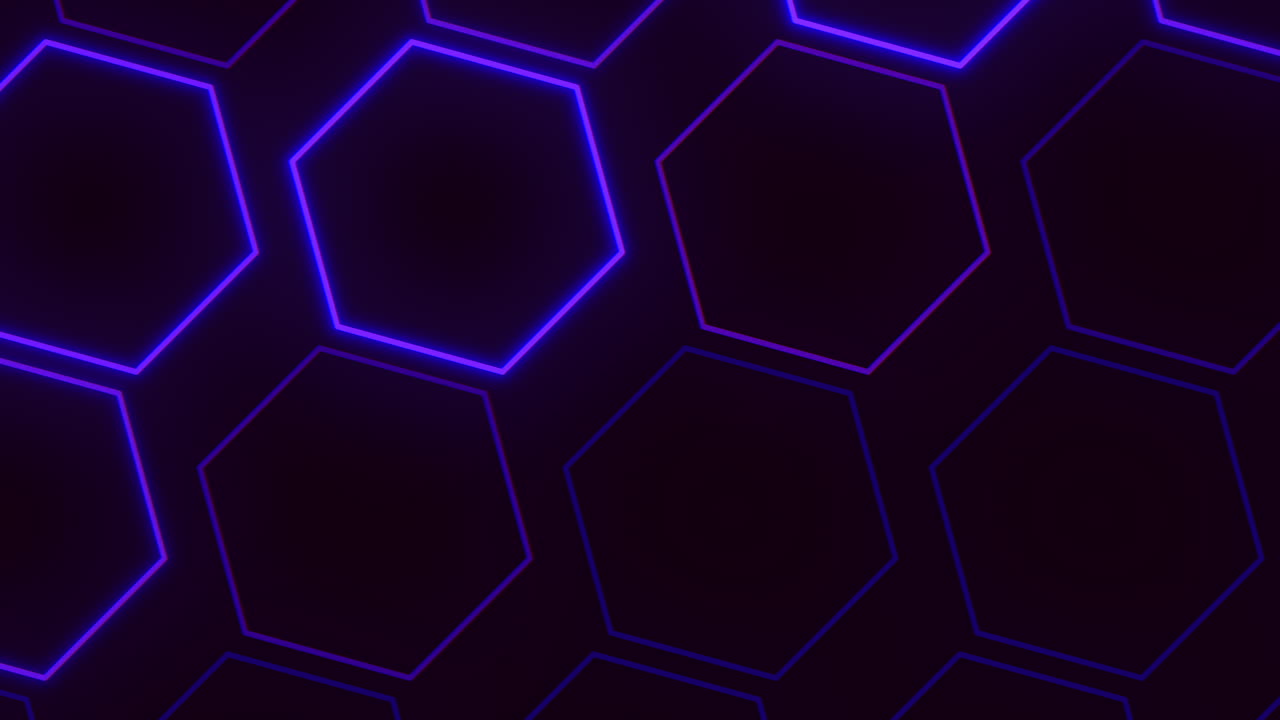 Futuristic neon hexagon grid background with glowing purple and blue outlines on a dark surface, ideal abstract sci fi footage for technology intros, music videos, presentations and digital backdrops
