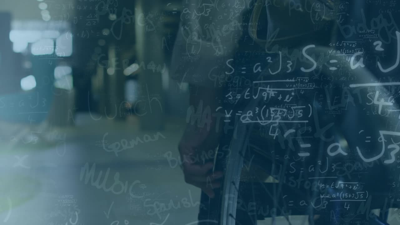 Animation of mathematical equations over disabled caucasian businessman