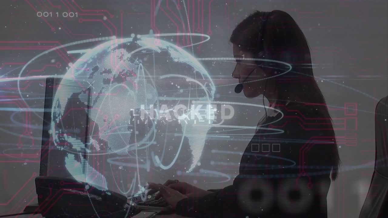 Woman typing at desk upon globe appearing, HACKED text pulsing while monitoring security breach