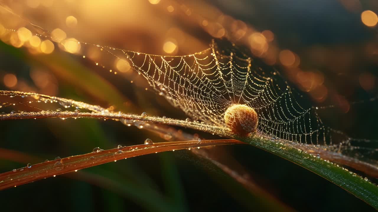Glistening Spider Silk: A Close-Up View of Dew-Covered Web on a Blade of Grass at Dawn, Capturing the Ethereal Beauty of Nature's Intricate Designs and Soft Light