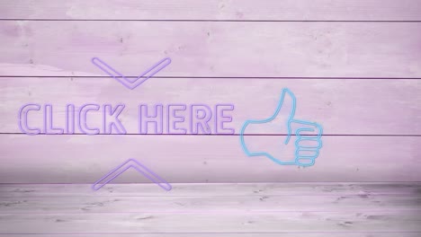 Neon-click-here-text-and-thumbs-up-symbol-against-purple-wooden-background