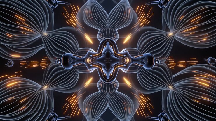 Animação 3D Abstrata de Formas Geométricas Pulsantes e Rastros de Luz
