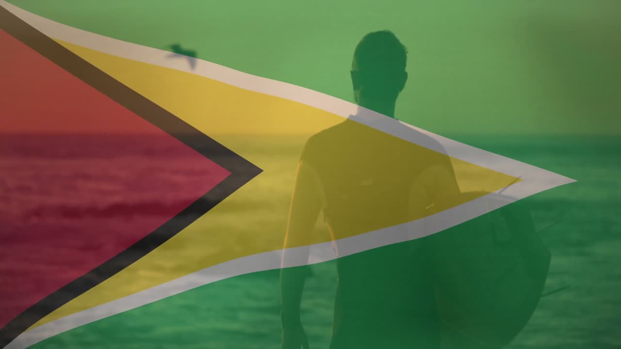 Animazione di una persona con una tavola da surf sovrapposta a uno sfondo con la bandiera della Guyana