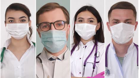 social distancing in society. collage of group of doctors and people wearing protective masks to protect against covid-19 virus and flu.
