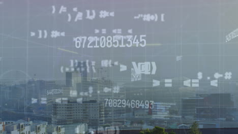 animation of changing numbers and symbols over fog covered modern cityscape against sky