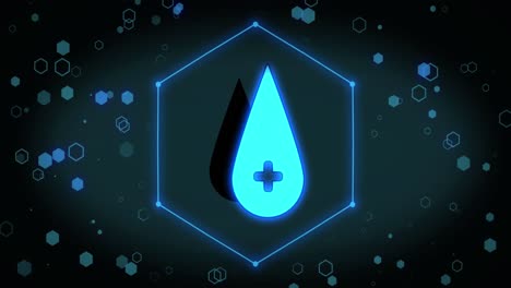 animación de gota con icono de cruz sobre hexágonos en fondo negro