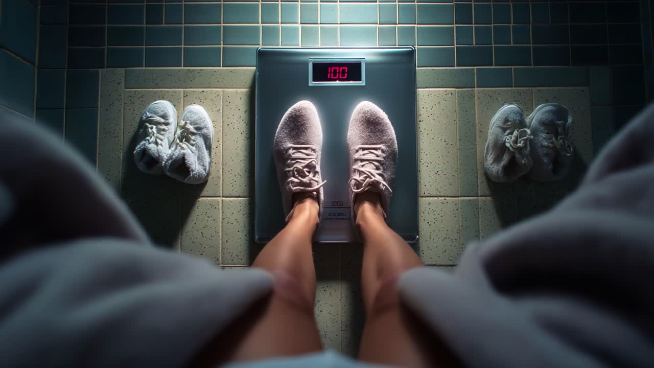 A Close-Up View of a Person's Feet on a Digital Bathroom Scale Displaying Weight, Surrounded by Cozy Slippers and Bathroom Tiles in Soft Lighting