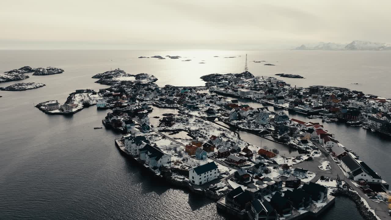 Henningsvaer Village On A Bright Day In Nordland, Norway. - aerial shot